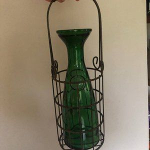 Vintage Italy Wine Bottle Green Decanter Wine Carafe with Wicker Wire Carrier